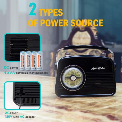  ByronStatics Radio AM FM negra – Pequeñas radios portátiles  vintage/retro con conector para auriculares, esfera de sintonización  giratoria analógica grande – enchufe de alimentación o 4 pilas AA de : Todo